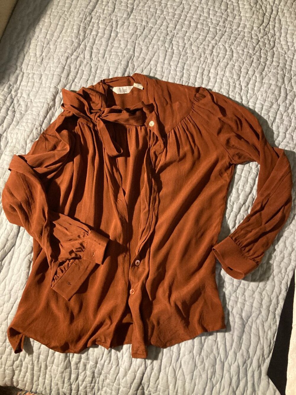 vintage Dalton 100% silk tie neck button up blouse in brown size 12